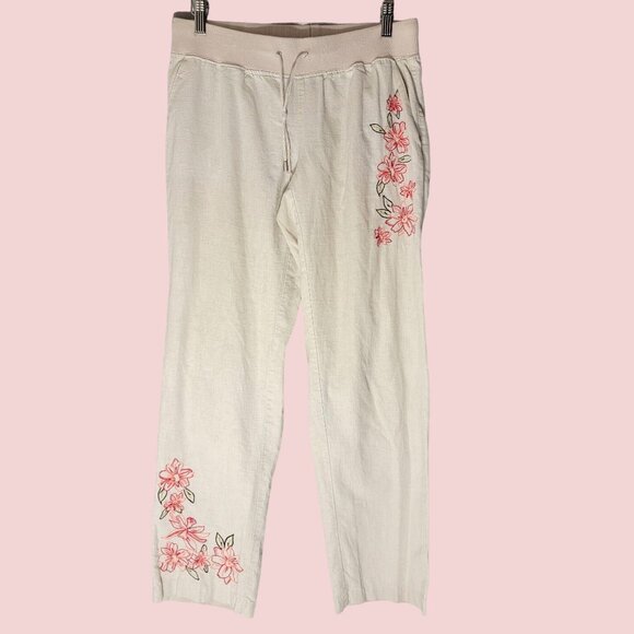 Fluent Life Linen Drawstring Casual Embroidered Pants Sz 6 Beige Neutral Floral - Picture 1 of 12